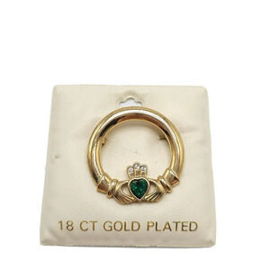 Solvar 18kt Gold Plated Green Clear Rhinestone Claddagh Brooch NOS